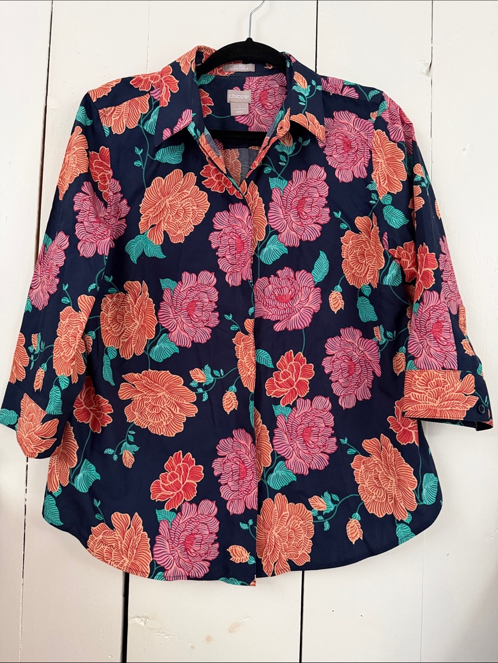 Chico's Navy Button-Front Floral Shirt with Pink & Coral Blooms